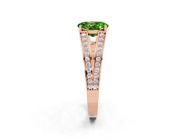 Rose gold Oval Cut Peridot Split Shank Ring with Pavé Band and Four-Prong Setting