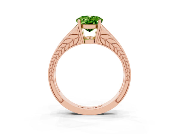 Rose gold Oval Cut Peridot Split Shank Ring with Pavé Band and Four-Prong Setting
