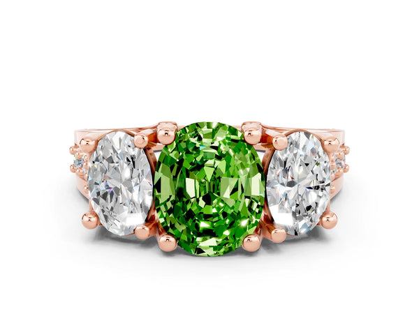 Rose gold Oval Cut Peridot Three-Stone Ring with Channel Set Band and Four-Prong Setting