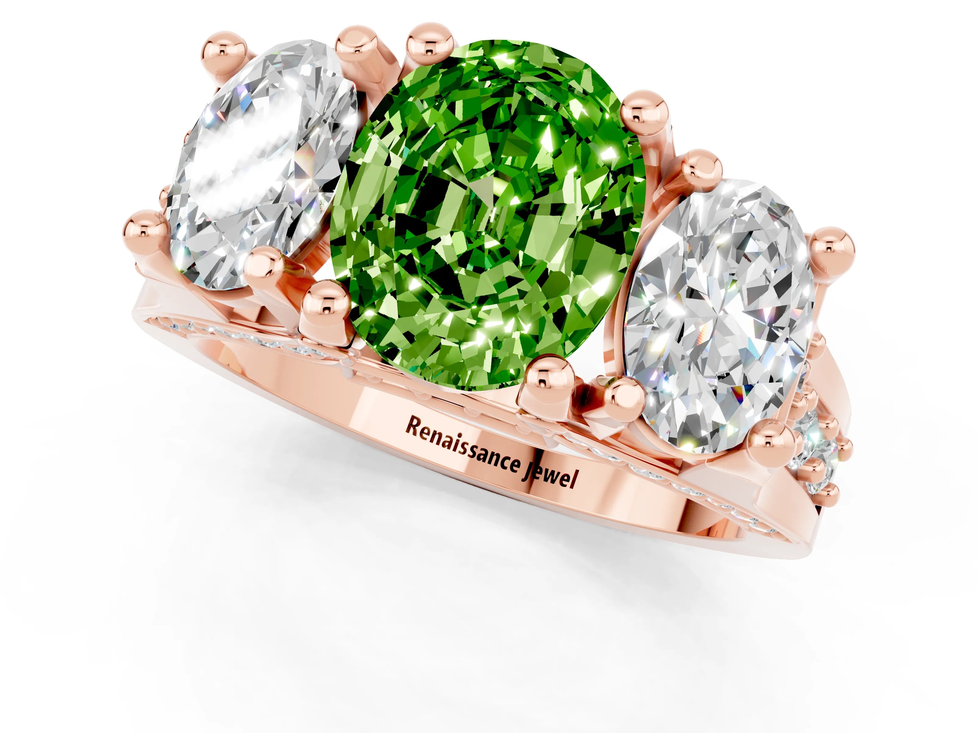 Rose gold Oval Cut Peridot Three-Stone Ring with Channel Set Band and Four-Prong Setting_1