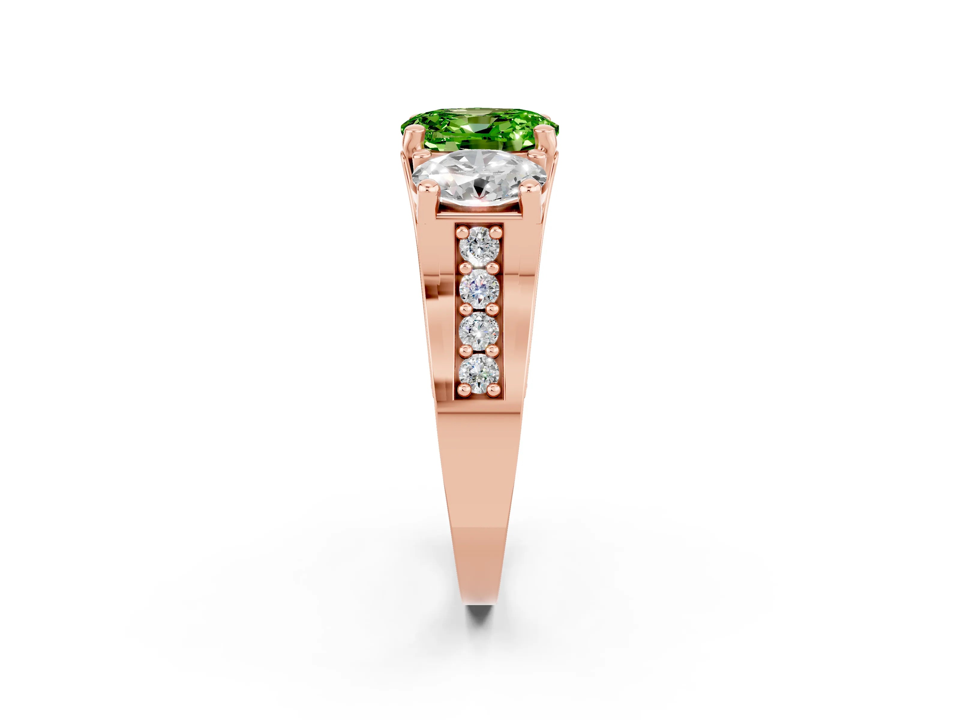 Rose gold Oval Cut Peridot Three-Stone Ring with Channel Set Band and Four-Prong Setting_2
