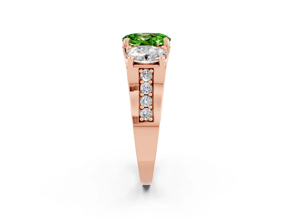 Rose gold Oval Cut Peridot Three-Stone Ring with Channel Set Band and Four-Prong Setting