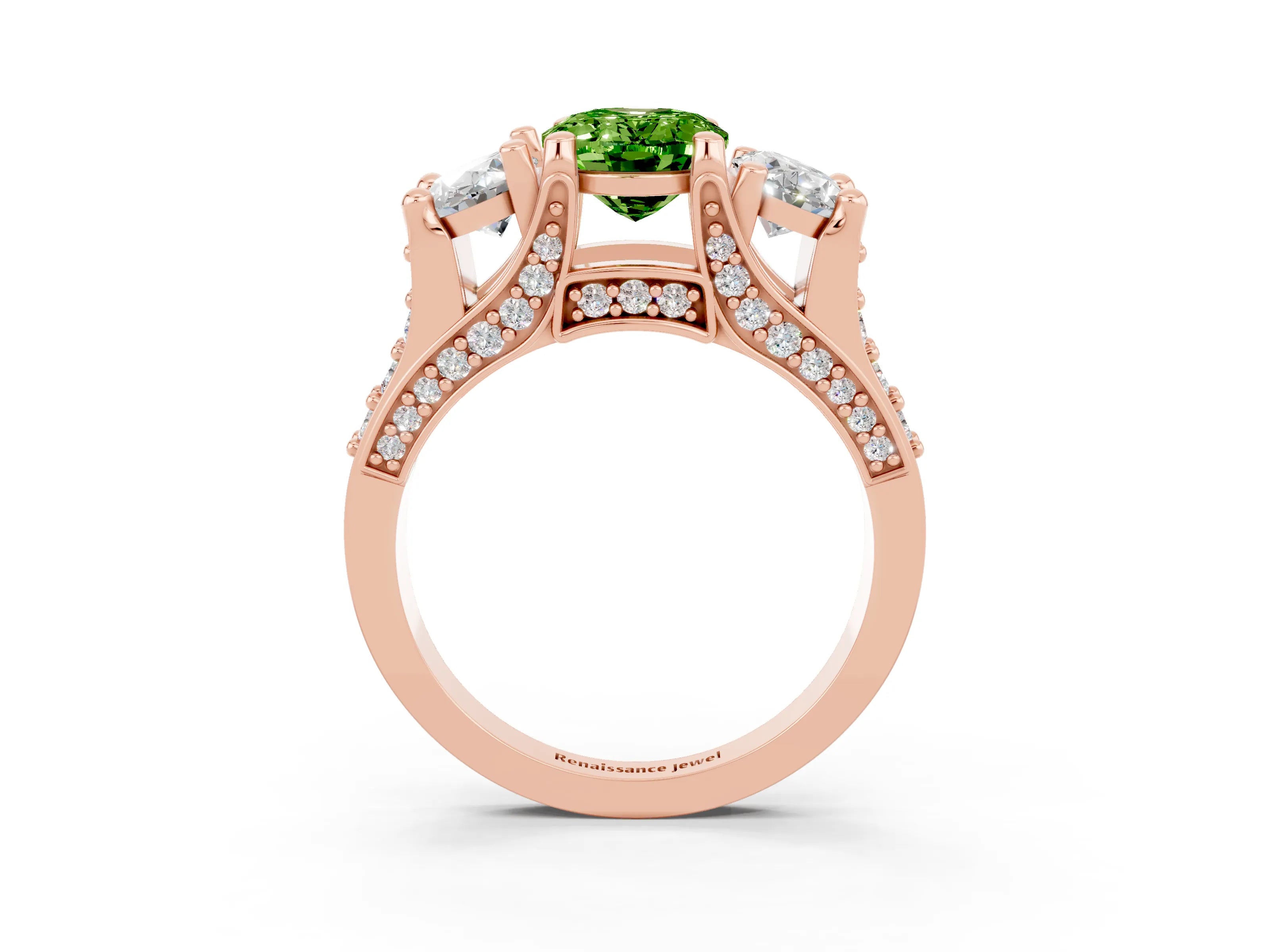 Rose gold Oval Cut Peridot Three-Stone Ring with Channel Set Band and Four-Prong Setting_3