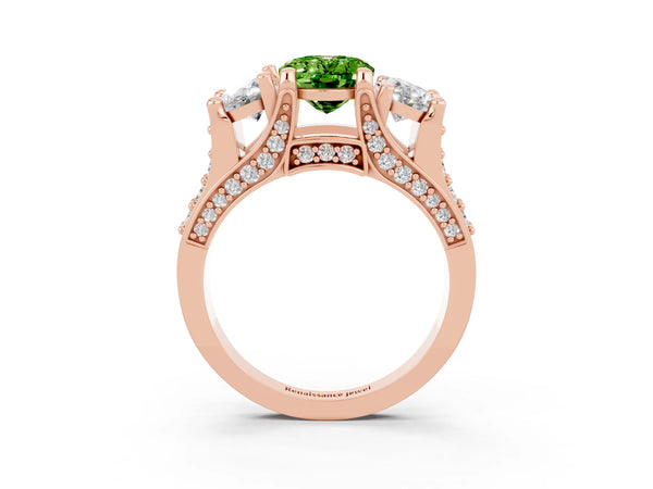 Rose gold Oval Cut Peridot Three-Stone Ring with Channel Set Band and Four-Prong Setting