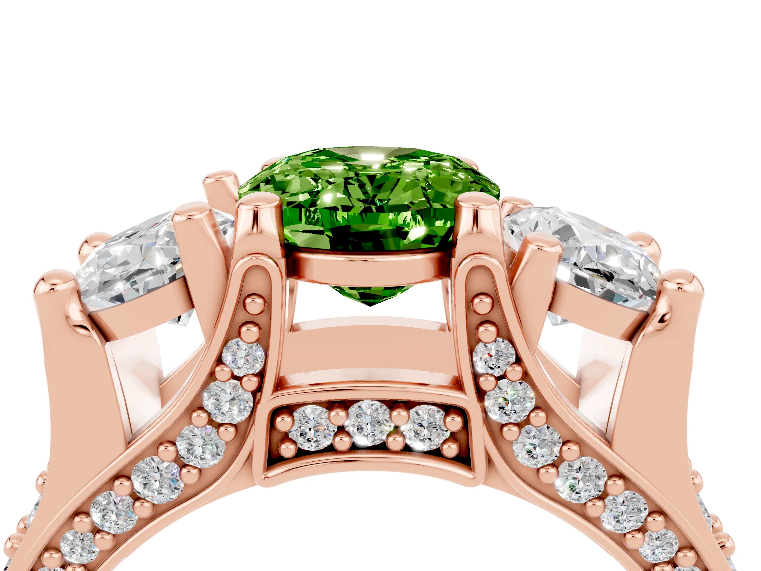 Rose gold Oval Cut Peridot Three-Stone Ring with Channel Set Band and Four-Prong Setting_4