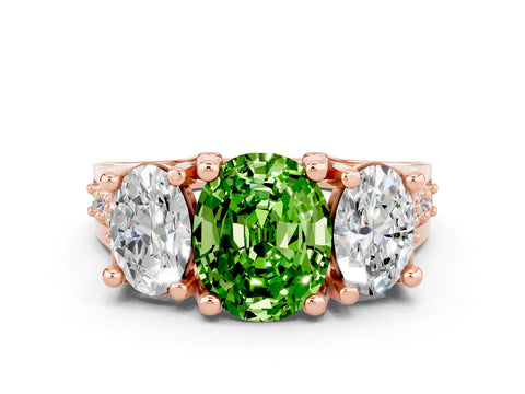 Rose gold Oval Cut Peridot Three-Stone Ring with Channel Set Band and Four-Prong Setting