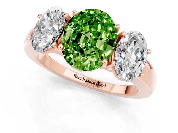 Rose gold Oval Cut Peridot Three-Stone Ring with Four-Prong Setting and Classic Band