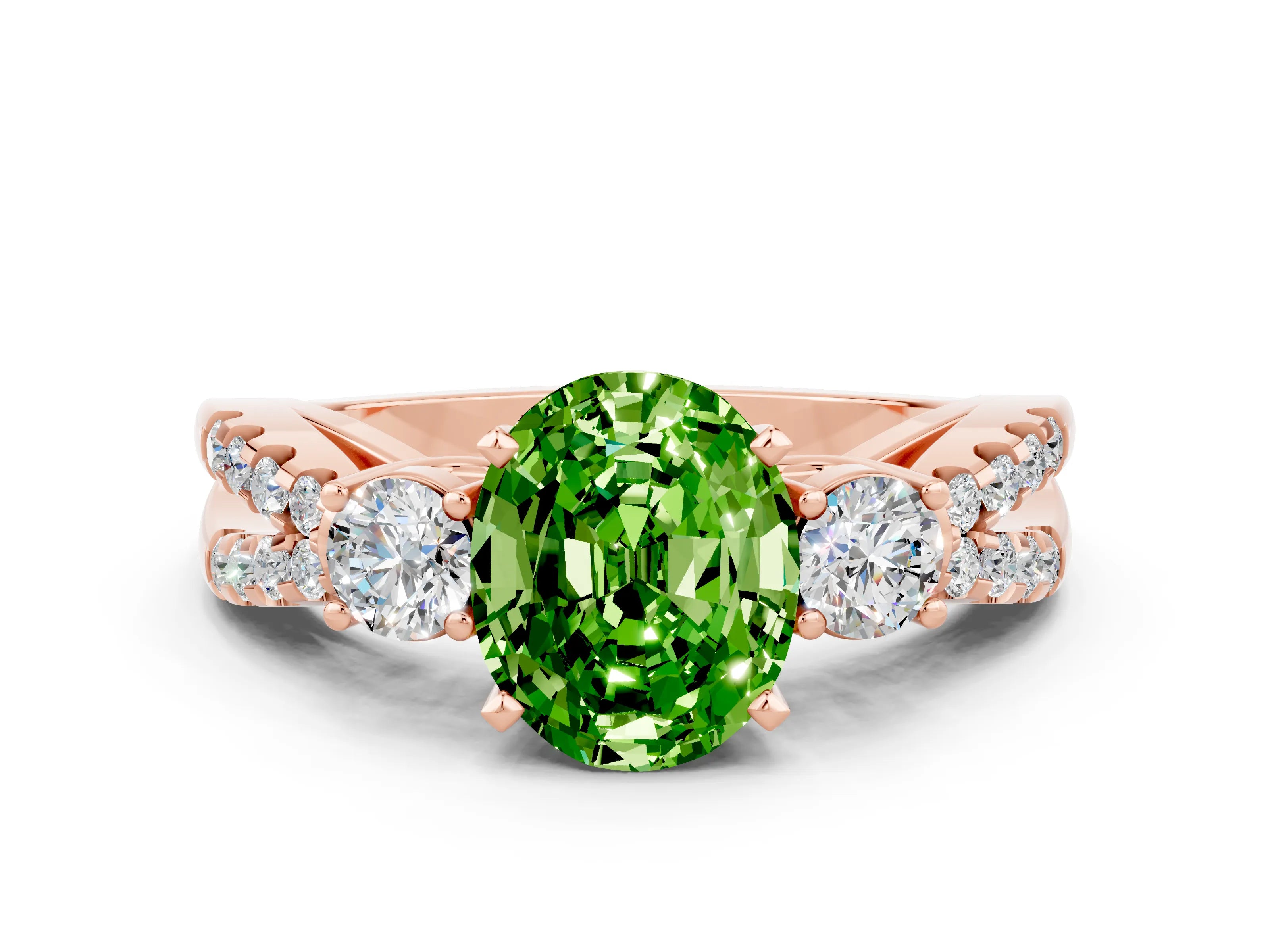 Rose gold Oval Cut Peridot Three-Stone Ring with Pavé Split Shank and Four-Prong Setting_12