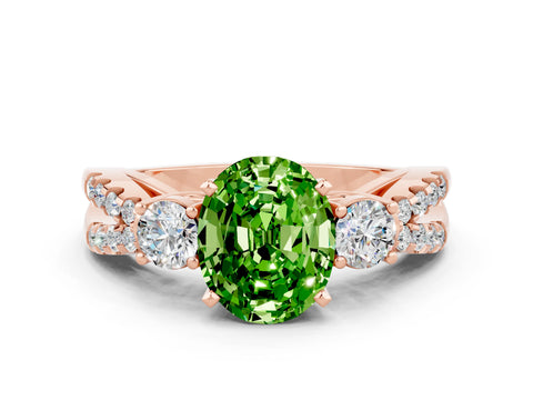 Rose gold Oval Cut Peridot Three-Stone Ring with Pavé Split Shank and Four-Prong Setting_12