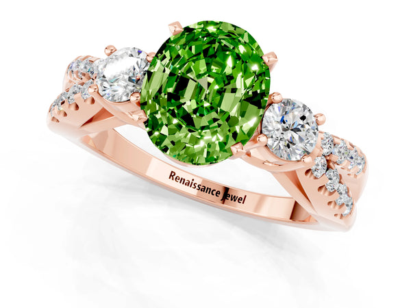 Rose gold Oval Cut Peridot Three-Stone Ring with Pavé Split Shank and Four-Prong Setting