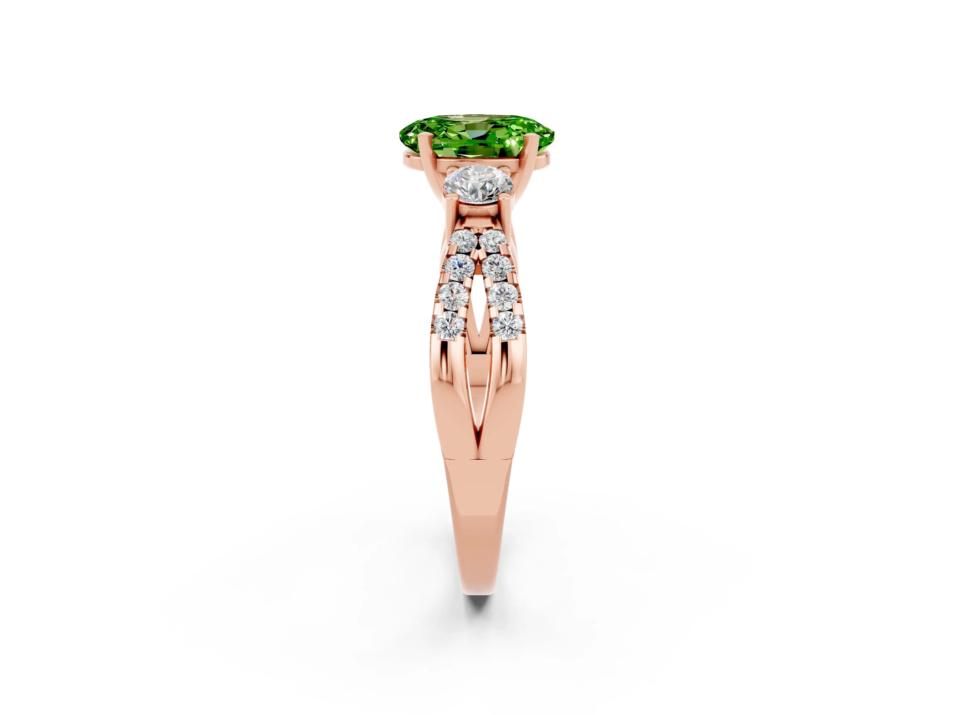 Rose gold Oval Cut Peridot Three-Stone Ring with Pavé Split Shank and Four-Prong Setting_14