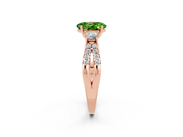 Rose gold Oval Cut Peridot Three-Stone Ring with Pavé Split Shank and Four-Prong Setting
