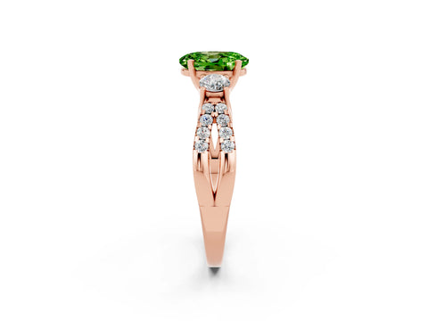 Rose gold Oval Cut Peridot Three-Stone Ring with Pavé Split Shank and Four-Prong Setting_14