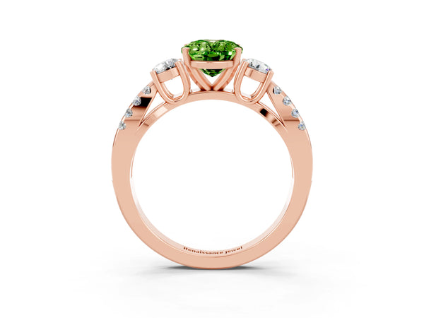 Rose gold Oval Cut Peridot Three-Stone Ring with Pavé Split Shank and Four-Prong Setting