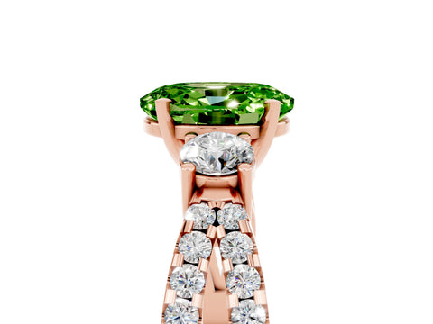 Rose gold Oval Cut Peridot Three-Stone Ring with Pavé Split Shank and Four-Prong Setting_17