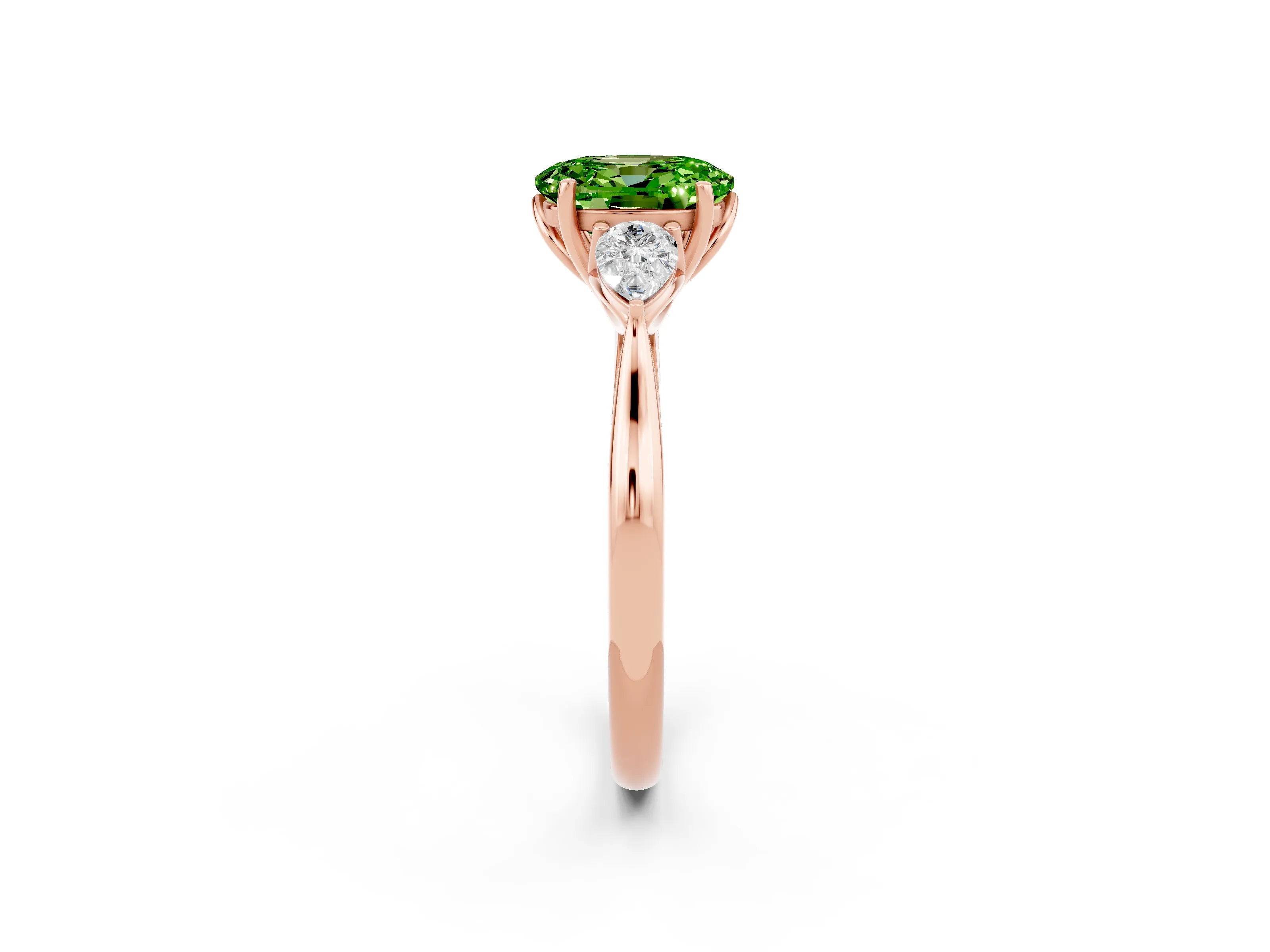 Rose gold Oval Cut Peridot Three-Stone Ring with Pear Side Stones and Four-Prong Setting_14