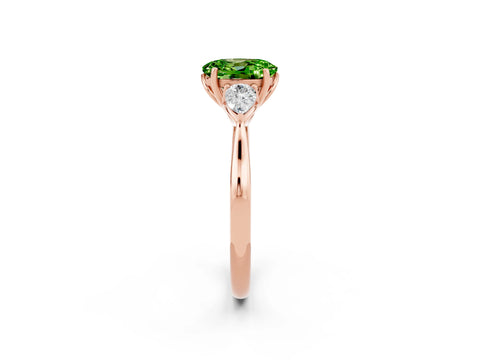Rose gold Oval Cut Peridot Three-Stone Ring with Pear Side Stones and Four-Prong Setting_14