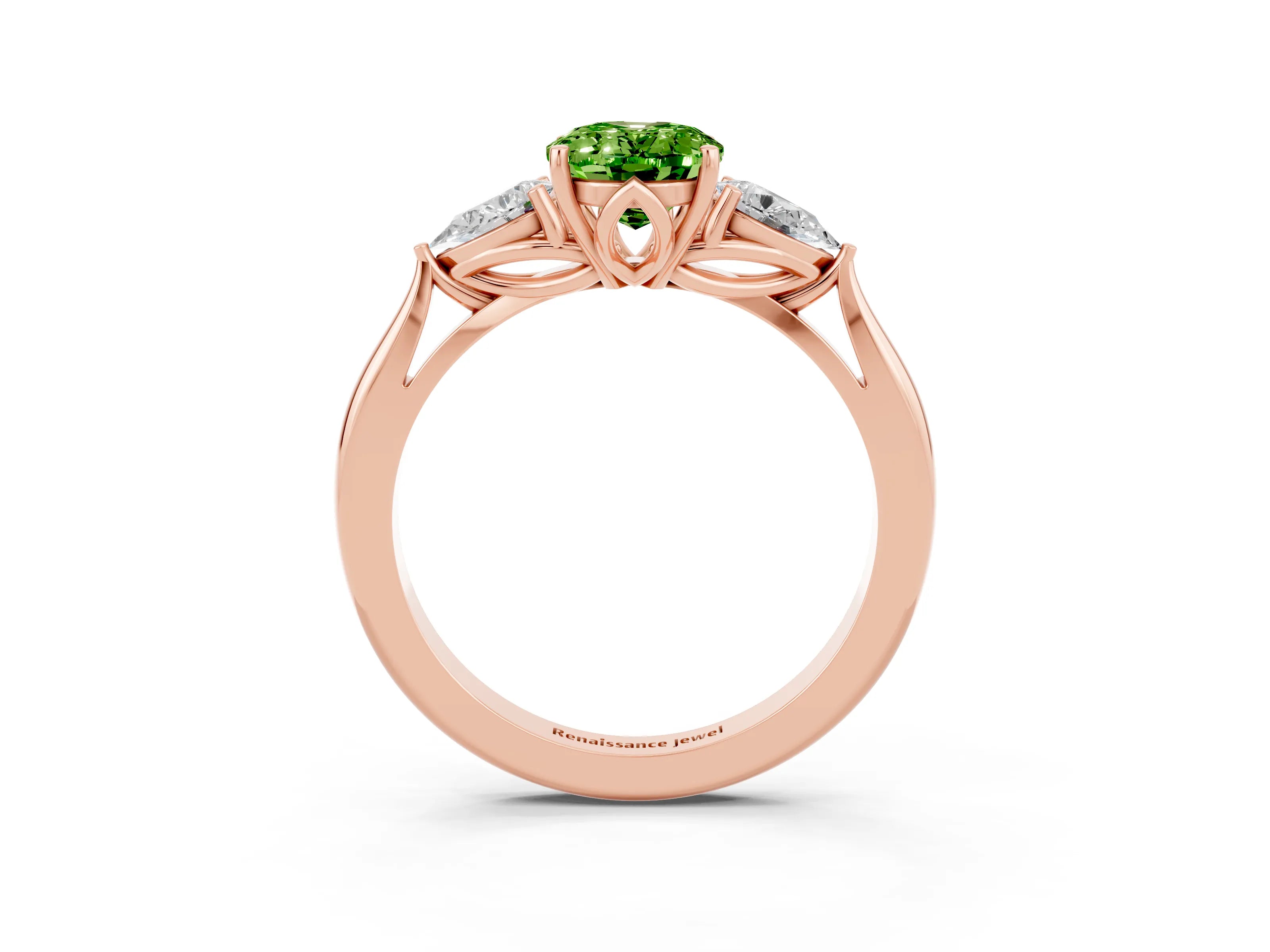 Rose gold Oval Cut Peridot Three-Stone Ring with Pear Side Stones and Four-Prong Setting_15