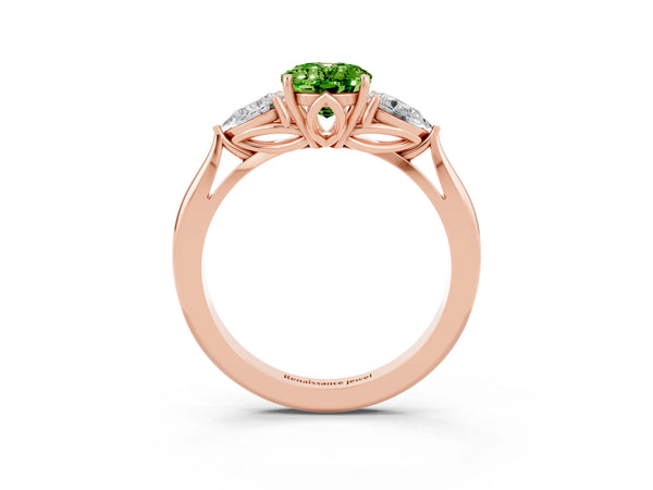 Rose gold Oval Cut Peridot Three-Stone Ring with Pear  Side Stones and Prong Setting