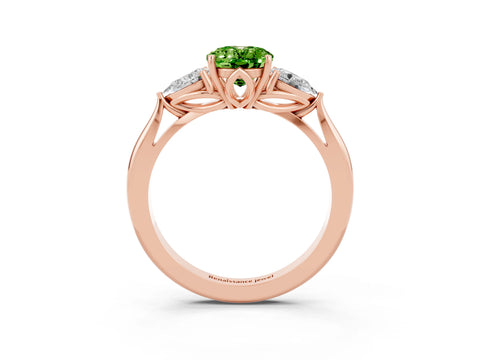 Rose gold Oval Cut Peridot Three-Stone Ring with Pear Side Stones and Four-Prong Setting_15