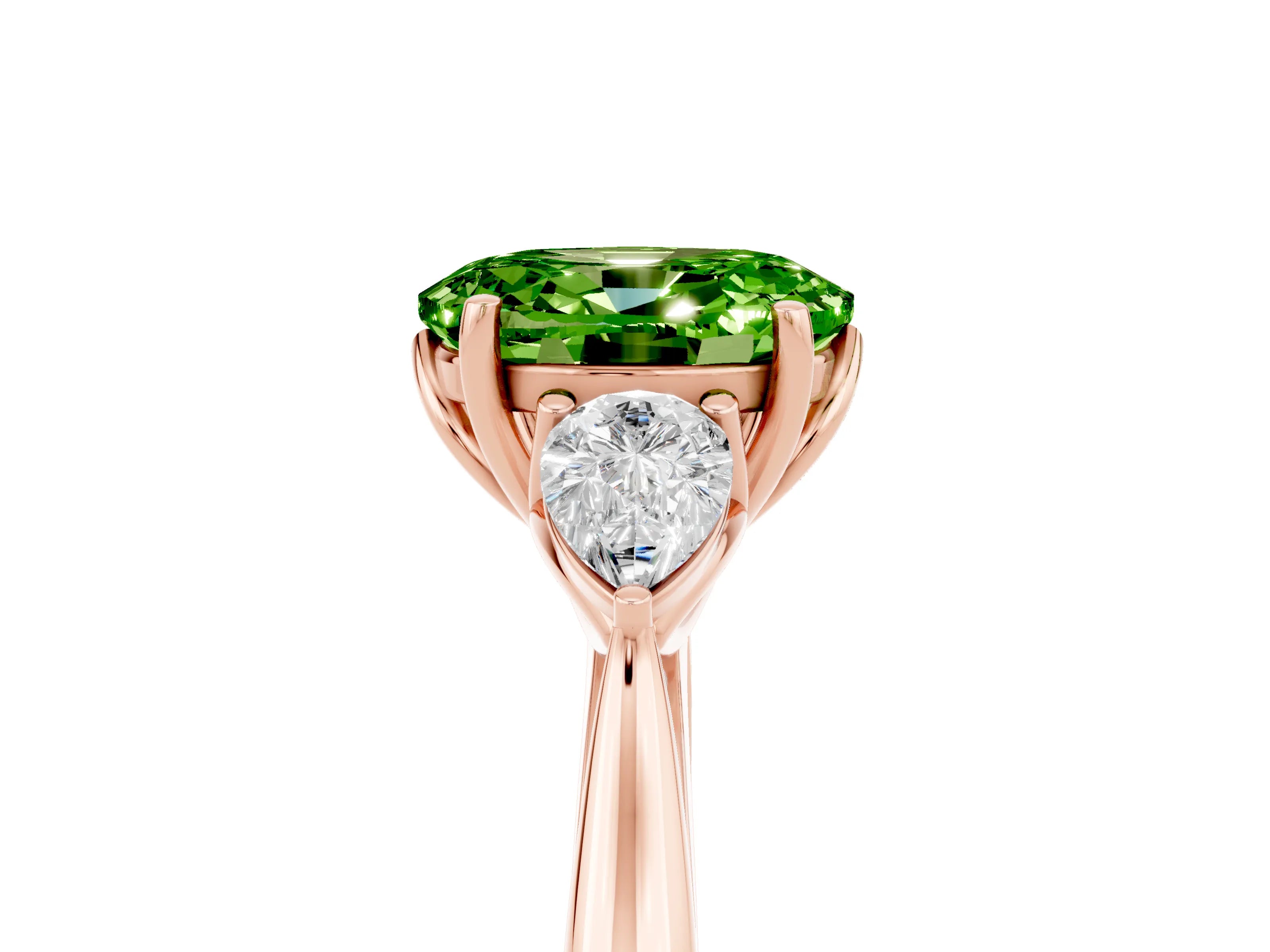 Rose gold Oval Cut Peridot Three-Stone Ring with Pear Side Stones and Four-Prong Setting_17