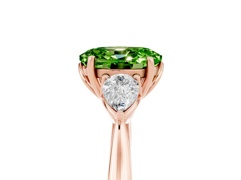 Rose gold Oval Cut Peridot Three-Stone Ring with Pear Side Stones and Four-Prong Setting_17