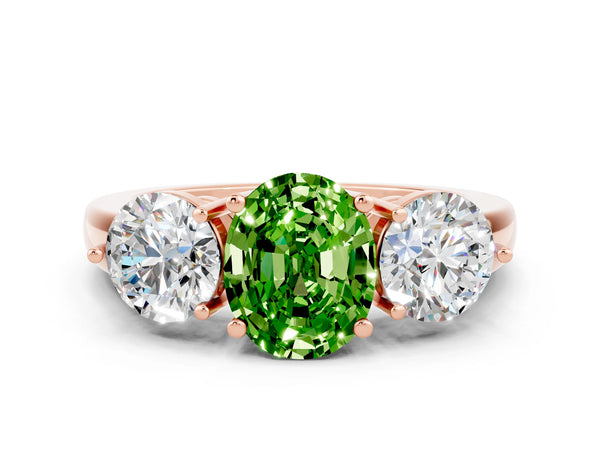Rose gold Oval Cut Peridot Three-Stone Ring with Prong Setting and Classic Band