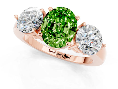 Rose gold Oval Cut Peridot Three-Stone Ring with Prong Setting and Classic Band_1