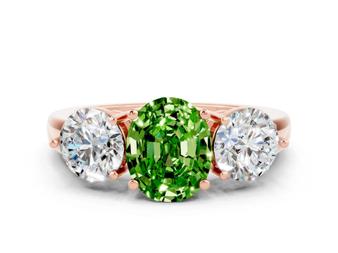 Rose gold Oval Cut Peridot Three-Stone Ring with Prong Setting and Classic Band