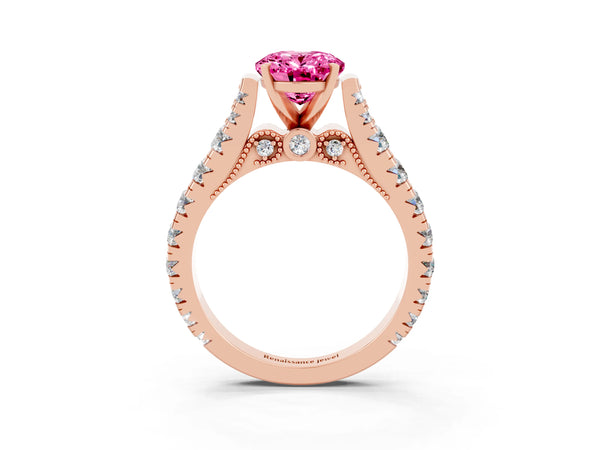 Rose gold Oval Cut Pink Sapphire Classic Solitaire Ring with Pavé Band and Four-Prong Setting