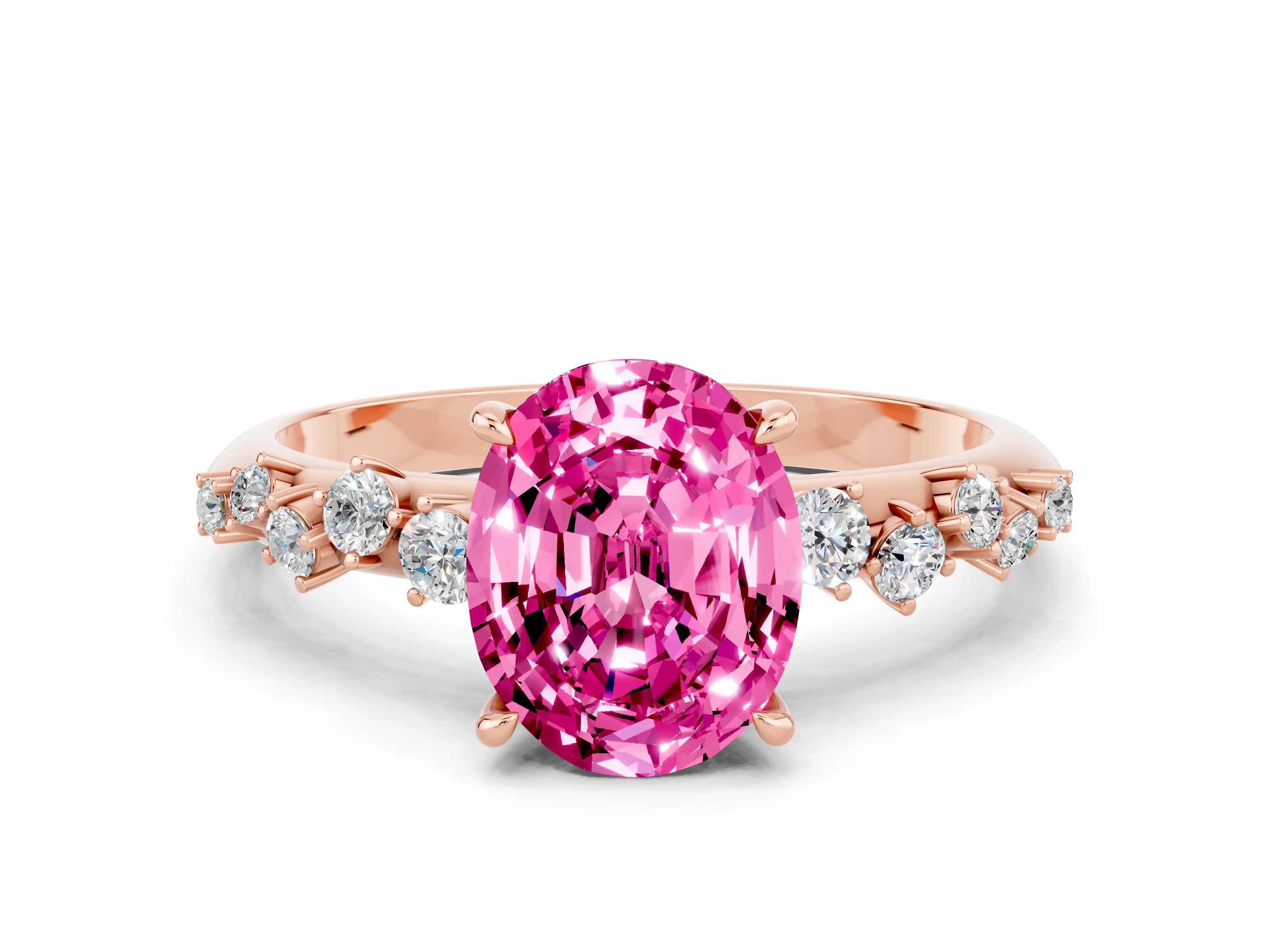 Rose gold Oval Cut Pink Sapphire Cluster Side Stone Solitaire Ring with Prong Setting_48