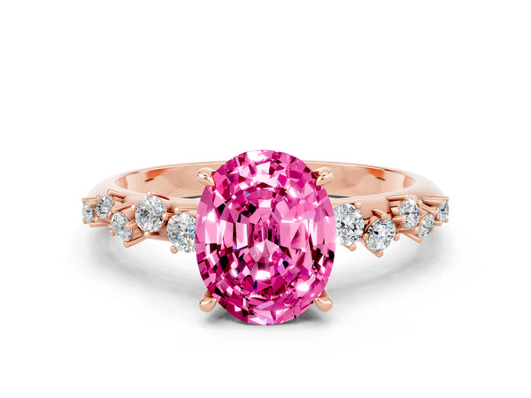 Rose gold Oval Cut Pink Sapphire Cluster Side Stone Solitaire Ring with Prong Setting