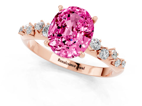 Rose gold Oval Cut Pink Sapphire Cluster Side Stone Solitaire Ring with Prong Setting_49