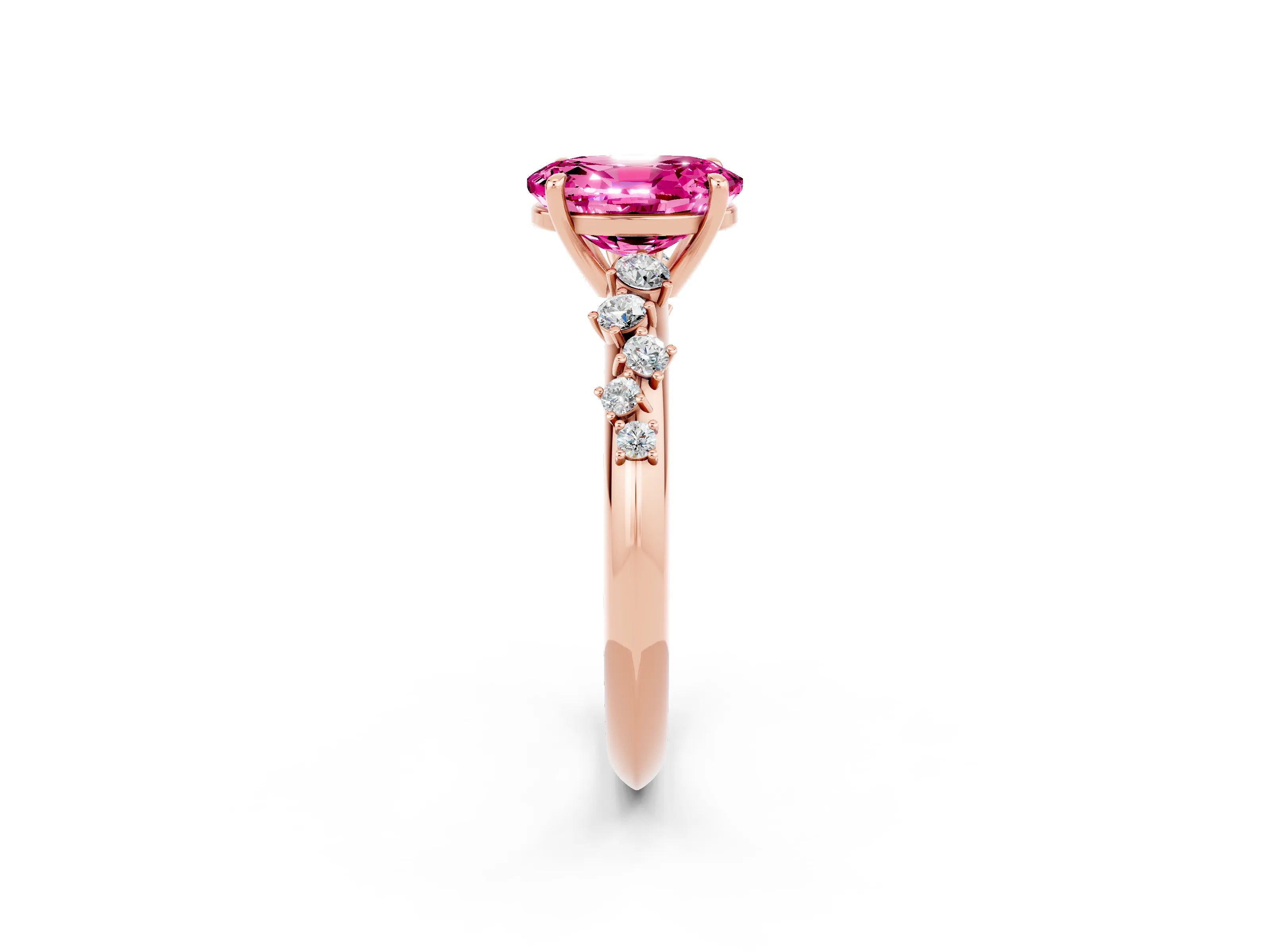 Rose gold Oval Cut Pink Sapphire Cluster Side Stone Solitaire Ring with Prong Setting_50