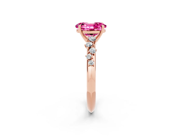 Rose gold Oval Cut Pink Sapphire Cluster Side Stone Solitaire Ring with Prong Setting