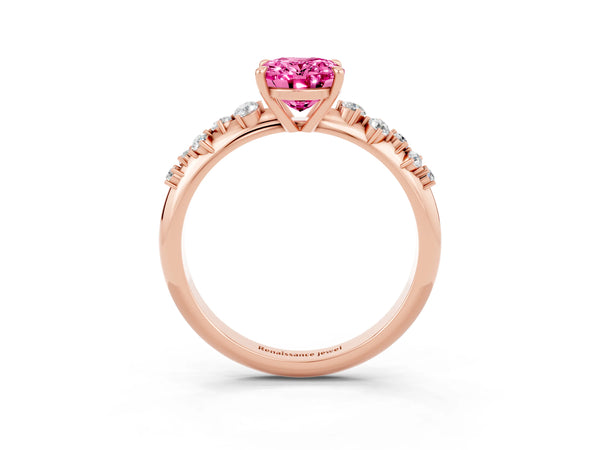 Rose gold Oval Cut Pink Sapphire Cluster Side Stone Solitaire Ring with Prong Setting