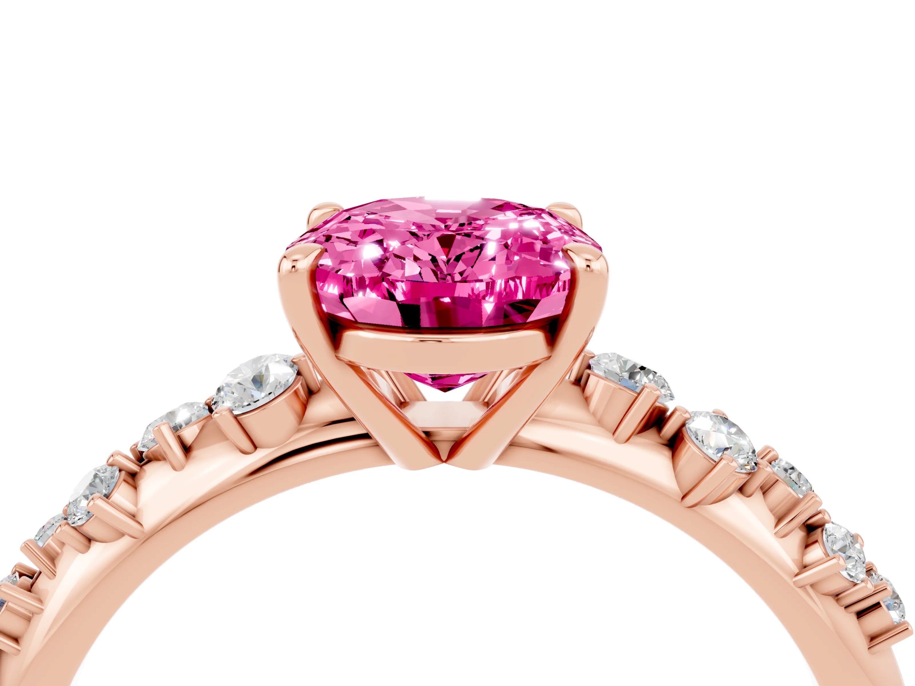 Rose gold Oval Cut Pink Sapphire Cluster Side Stone Solitaire Ring with Prong Setting_52