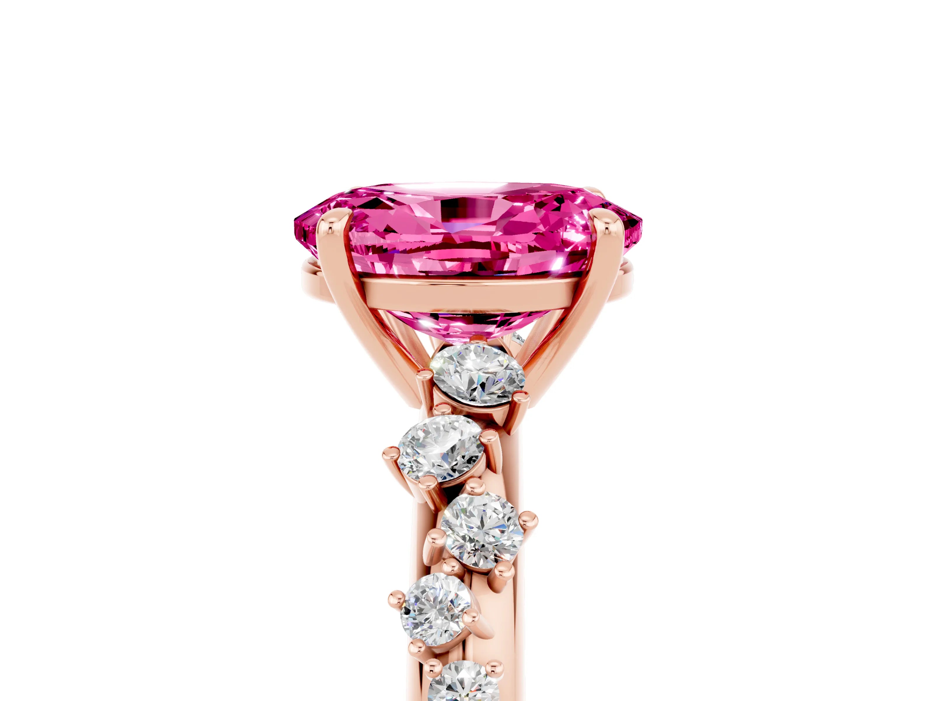Rose gold Oval Cut Pink Sapphire Cluster Side Stone Solitaire Ring with Prong Setting_53