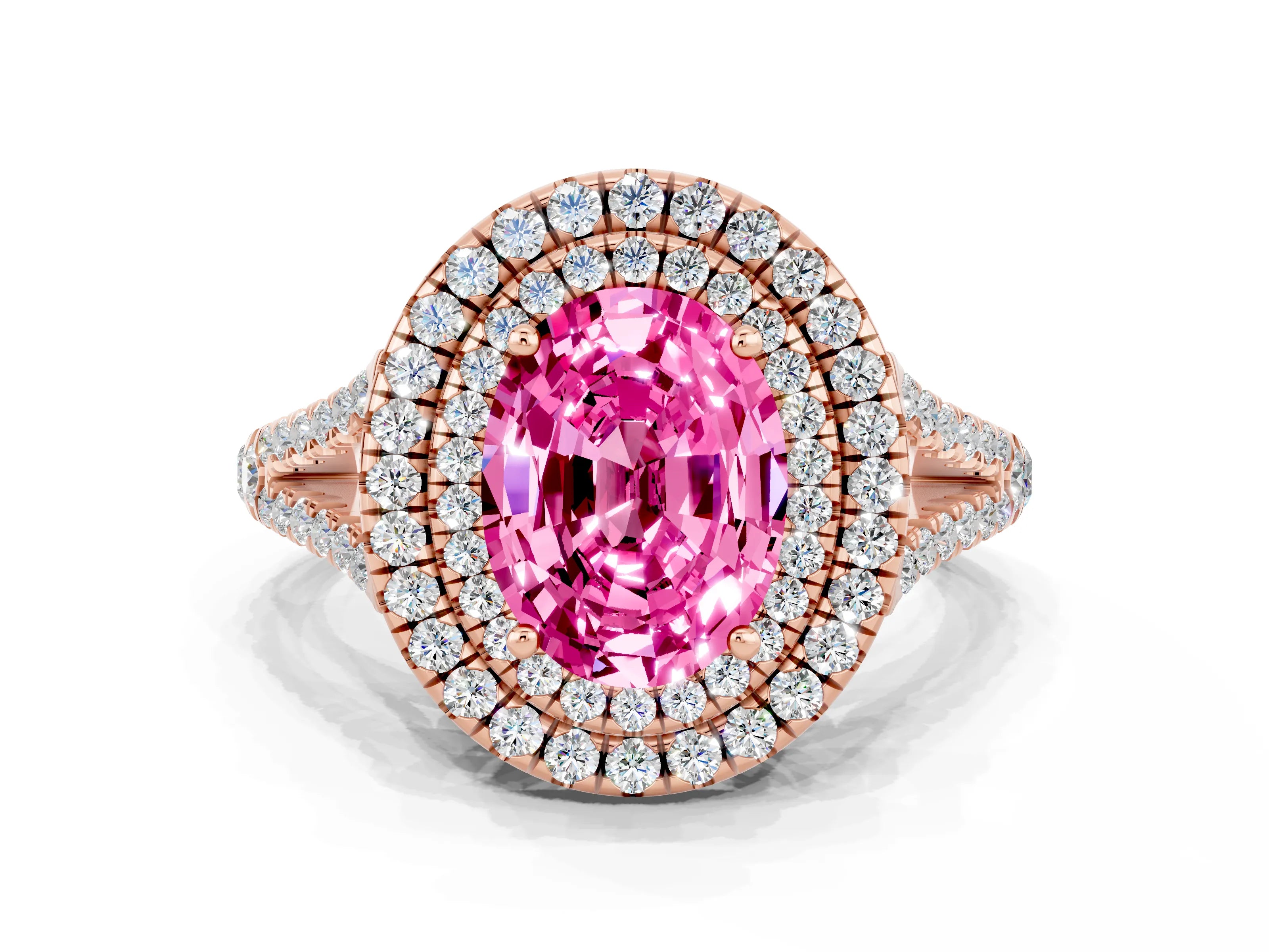 Rose gold Oval Cut Pink Sapphire Double Halo Ring with Pavé Band and Prong Setting_12
