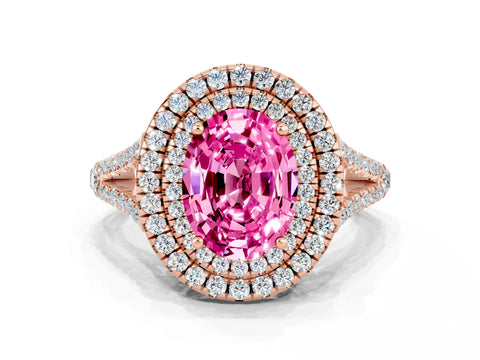 Rose gold Oval Cut Pink Sapphire Double Halo Ring with Pavé Band and Prong Setting_12