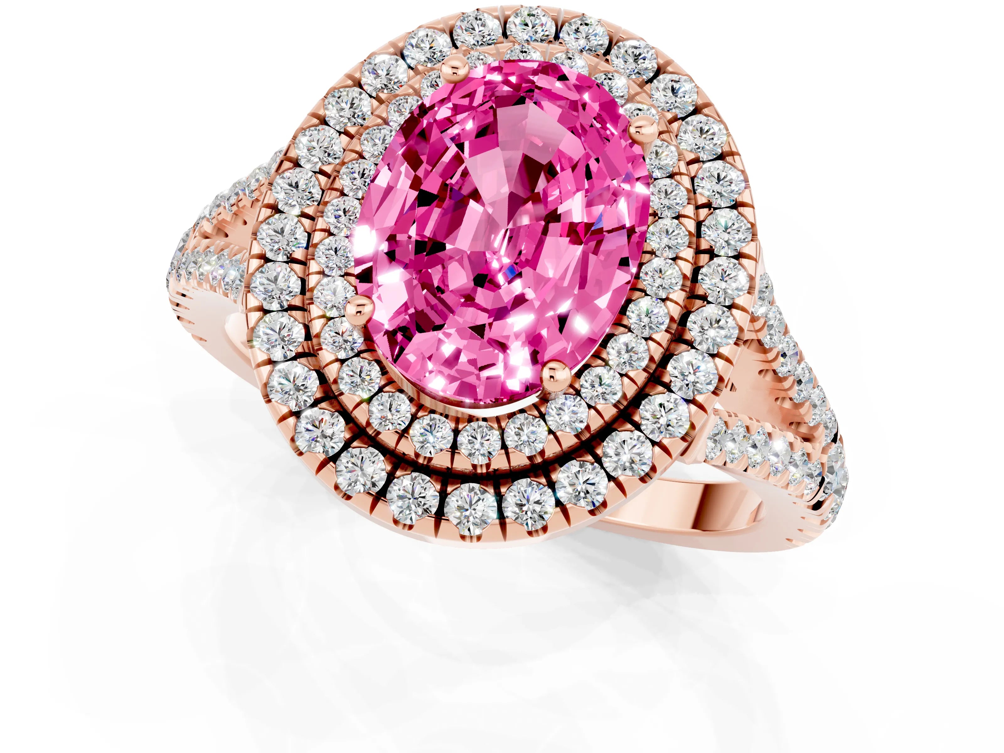 Rose gold Oval Cut Pink Sapphire Double Halo Ring with Pavé Band and Prong Setting_13