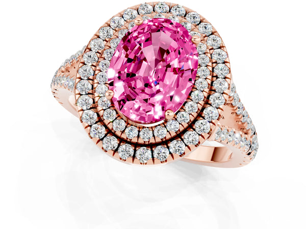 Rose gold Oval Cut Pink Sapphire Double Halo Ring with Pavé Band and Prong Setting