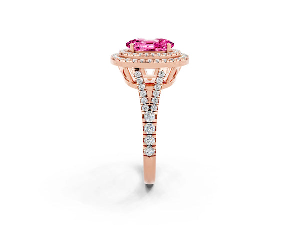 Rose gold Oval Cut Pink Sapphire Double Halo Ring with Pavé Band and Prong Setting