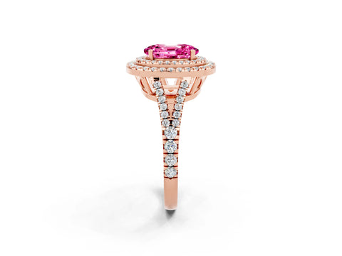 Rose gold Oval Cut Pink Sapphire Double Halo Ring with Pavé Band and Prong Setting_14