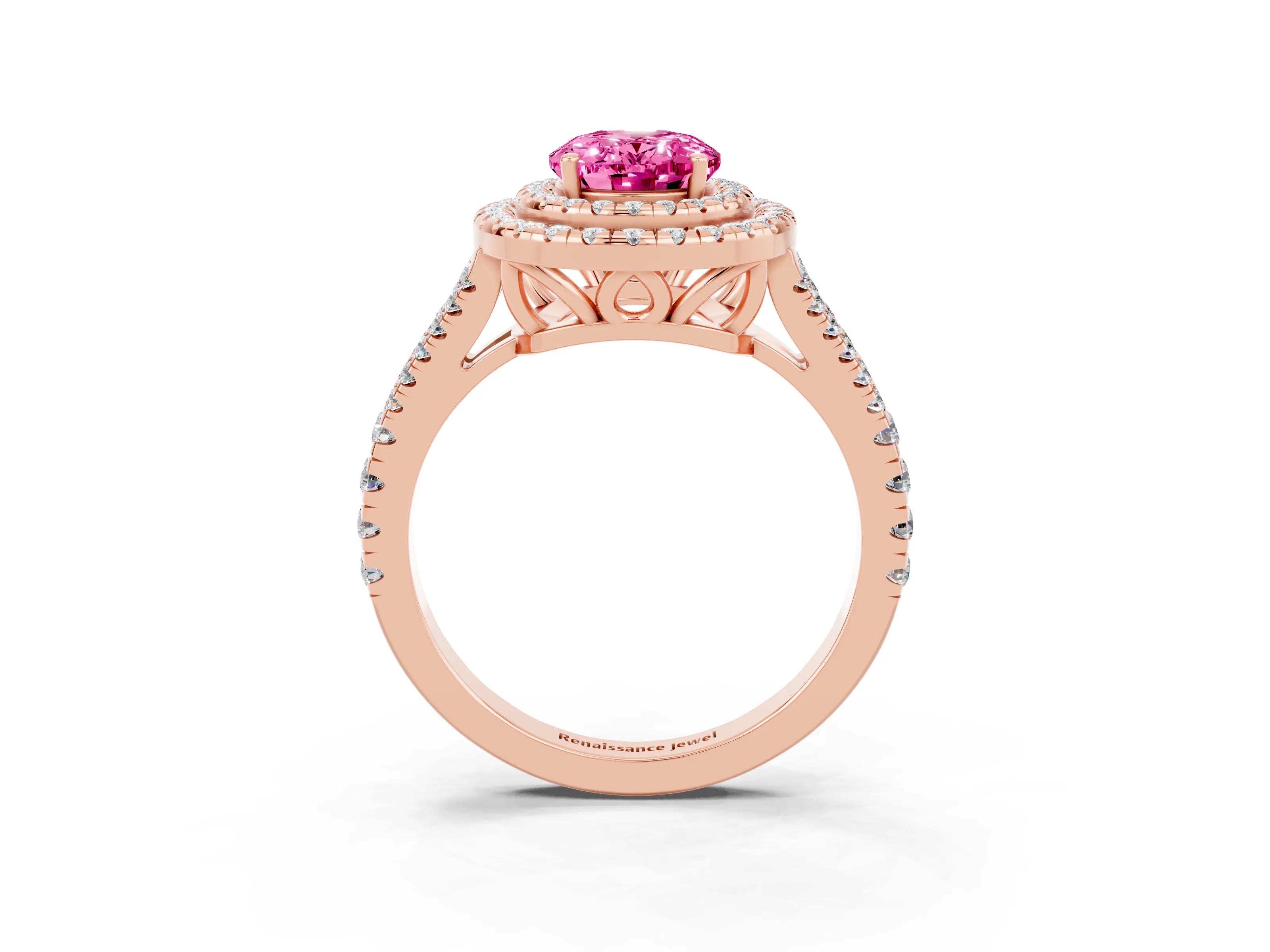 Rose gold Oval Cut Pink Sapphire Double Halo Ring with Pavé Band and Prong Setting_15