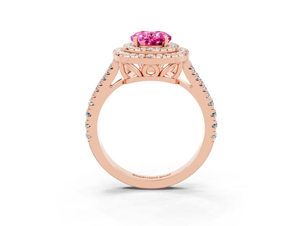 Rose gold Oval Cut Pink Sapphire Double Halo Ring with Pavé Band and Prong Setting