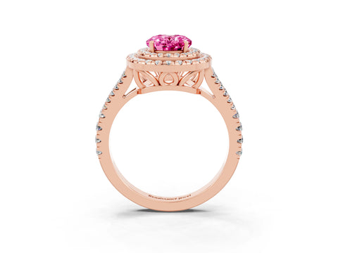 Rose gold Oval Cut Pink Sapphire Double Halo Ring with Pavé Band and Prong Setting_15