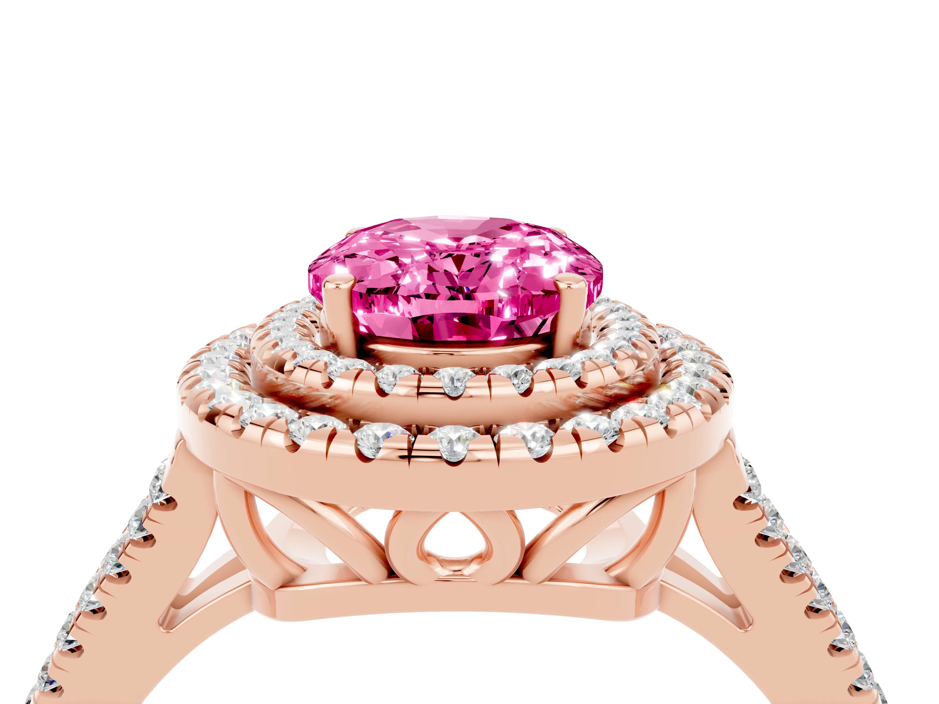Rose gold Oval Cut Pink Sapphire Double Halo Ring with Pavé Band and Prong Setting_16