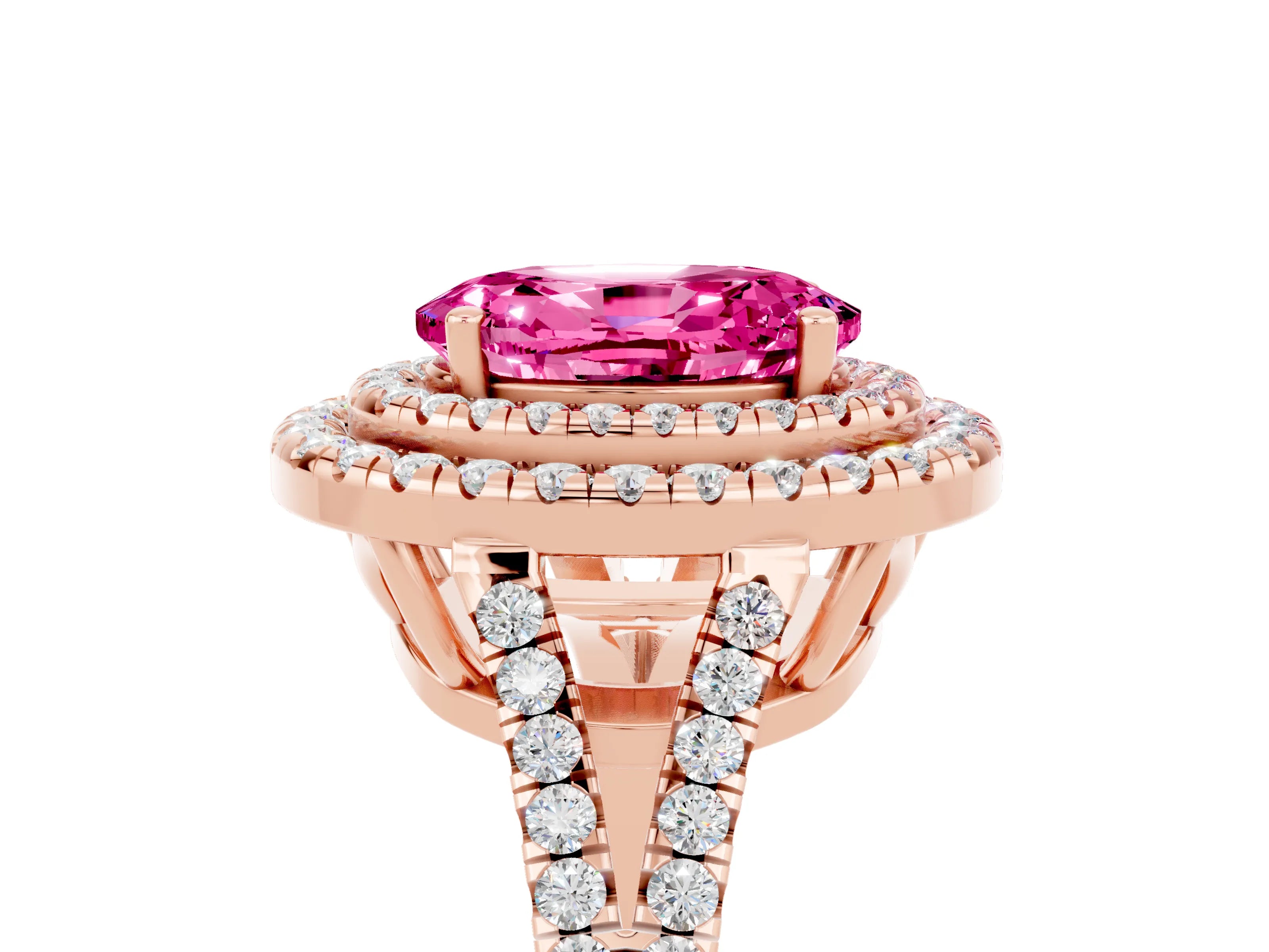Rose gold Oval Cut Pink Sapphire Double Halo Ring with Pavé Band and Prong Setting_17