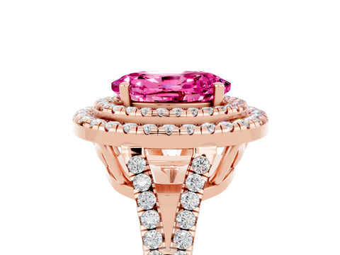 Rose gold Oval Cut Pink Sapphire Double Halo Ring with Pavé Band and Prong Setting_17